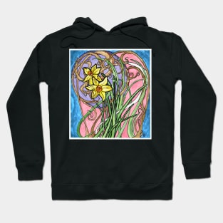 Two Daffodils and Branches Painting in Art Nouveau Style, Pastel Colors Hoodie